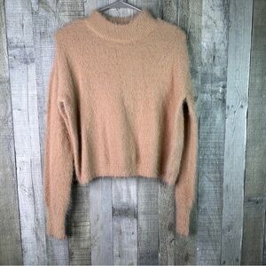 Sun + Moon Small Mock Neck Fuzzy Tan Long Sleeve Cropped Sweater